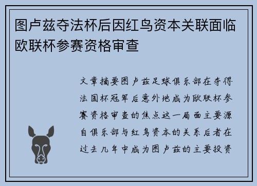 图卢兹夺法杯后因红鸟资本关联面临欧联杯参赛资格审查 图卢兹夺法杯后因红鸟资本关联面临欧联杯参赛资格审查