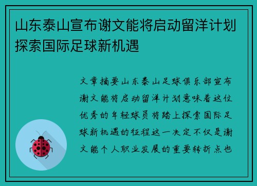 山东泰山宣布谢文能将启动留洋计划探索国际足球新机遇 山东泰山宣布谢文能将启动留洋计划探索国际足球新机遇
